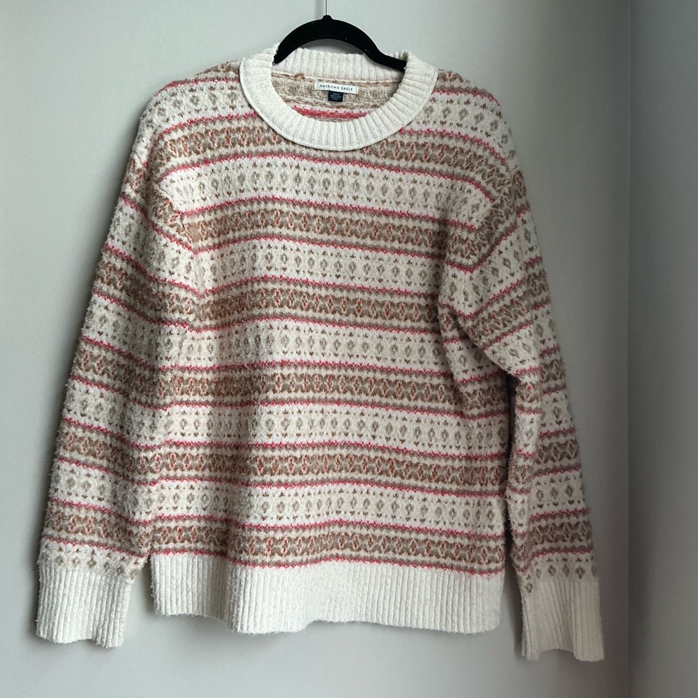 American Eagle Fair Isle Sweater Cream Pink Nordic Cozy Knit Pullover Small